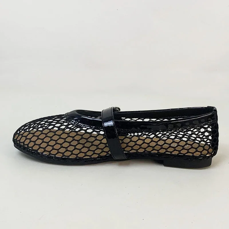 Ladies Ballet Flats Beach Holiday Mesh Women Lolita Flats Buckle Strap Casual Outside Fashion Female Mary Jane Shoes Big Size 43