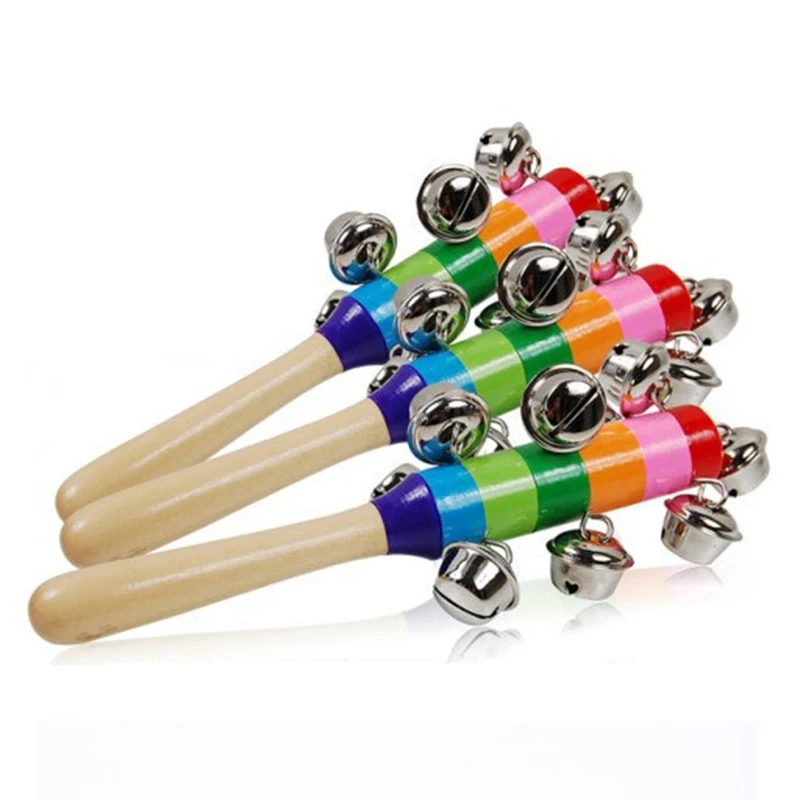 Heißer Verkauf 1Pcs 18cm Baby Aus Holz Rassel Regenbogen Farbe Hand glocke Baby Rasseln Jingle bells Infant Shaker Rassel pädagogisches Spielzeug