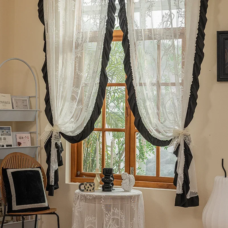 French Retro Embroidered Tulle Curtains for Living Room Black Lace Luxury Sheer Bedroom Dining Study Hall Decor Custom Size