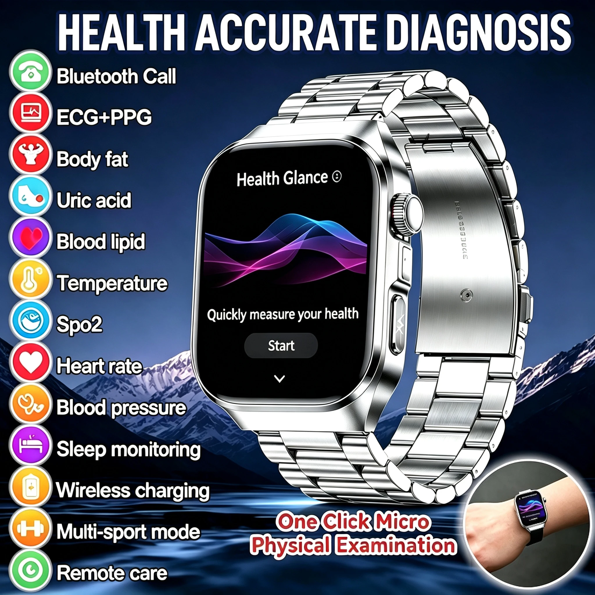 2026 New AI Accurate Health Diagnosis ECG Smart Watch Uric Acid Blood Pressure Blood Oxygen Blood Fat Bluetooth call Smartwatch