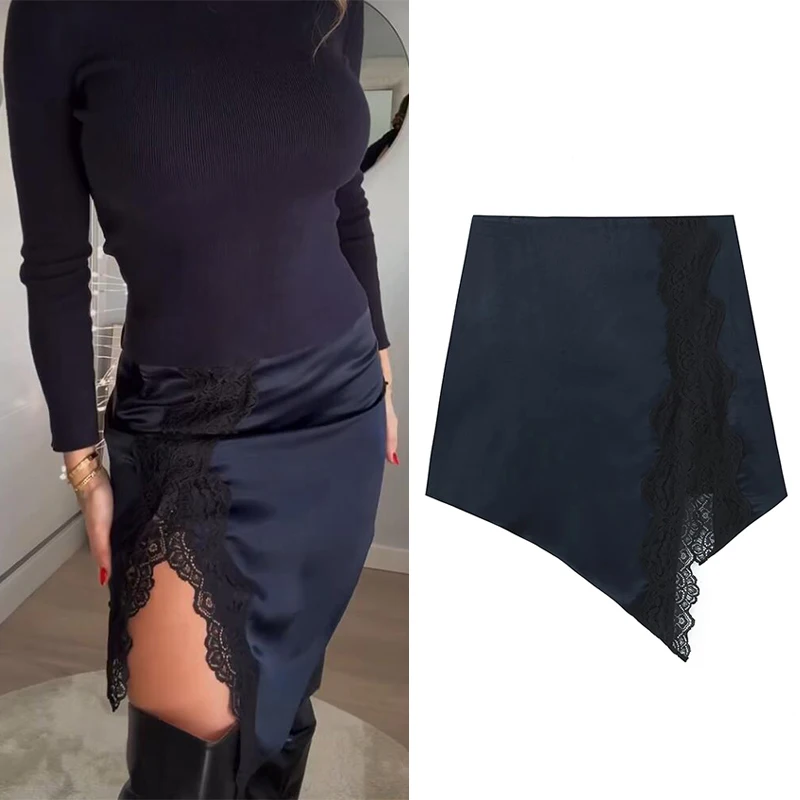 

Women Solid Lace Splice Skirt Elegant Mini Skirts 2026 New Fashion Satin Lady Spring Summer Evening Party Skirts ﻿ ﻿