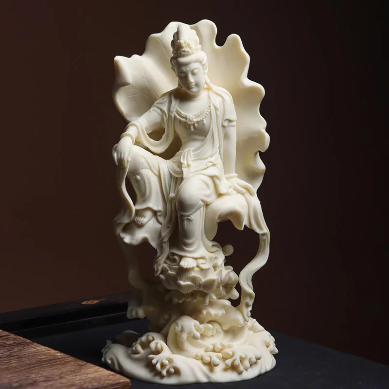 Lotus Leaf Resin Figure Statue, Guanyin Bodhisattva, Art Sculpture, High Grade, Home, Living Room, Room, Office, Feng Shui Sta