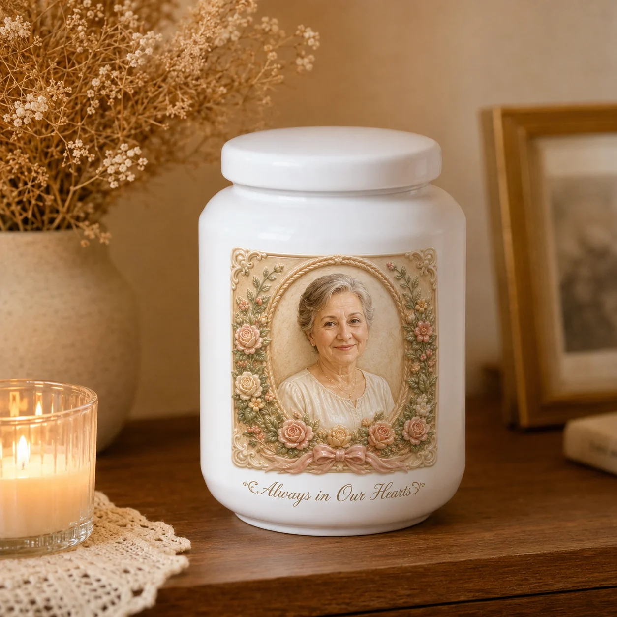 Customized Memorial Ashes Urn with AI Generated Photo Ceramic Relief | Personalize with Name Or Tribute Message | White Adult As