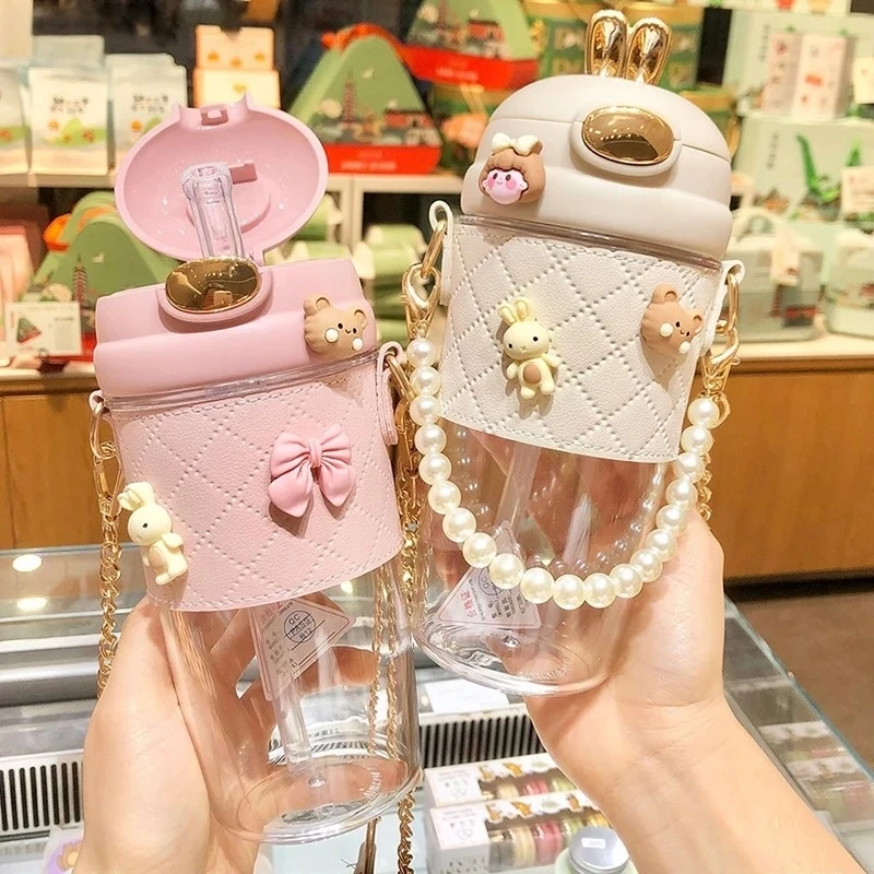 

380ml/580ml Plastic Water Bottle for Girls with Leather Sleeve Strap Straw Portable Leak-proof Anti Drop Sippy Cups for Camping