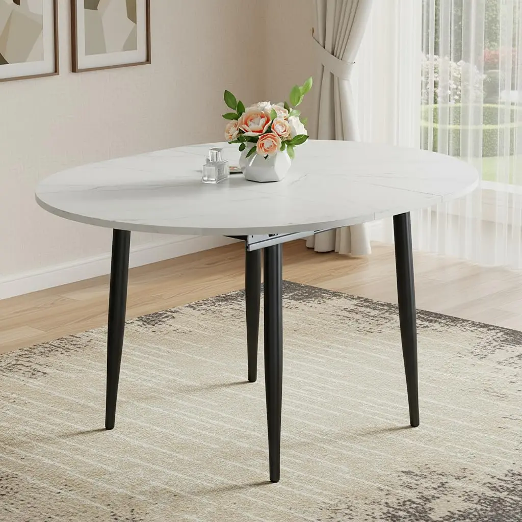 

42"-54" Round to Oval Extendable Dining Room Table, White Faux Marble & Wood Grain Top with Black Metal Legs, Modern Round Dinin