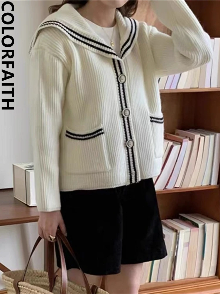 

Colorfaith SWC9073JX, новинка 2023, негабаритные полосатые вязаные кардиганы с капюшоном в Корейском стиле, женские свитера на осень и зиму, элегантные женские топы