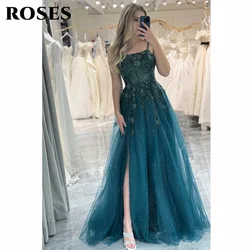 ROSES Glitter Dark Green Evening Dress A-Line Tulle فستان سهرة Spaghetti Straps Appliqued Lace Prom Dress Side Split Party Dress