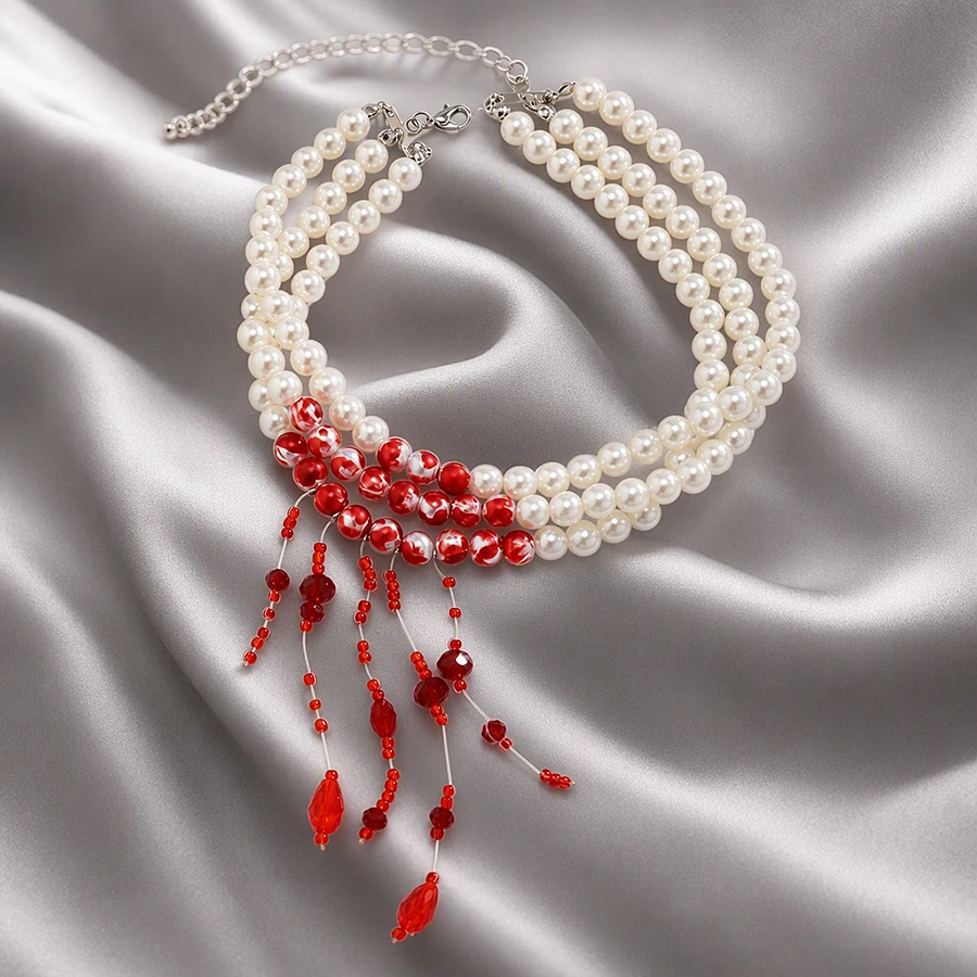 Vintage Gothic Multi‑Layer Faux Pearl Choker Necklace Red Bead Tassel Blood Drop Pendant Jewelry For Halloween Party Cosplay