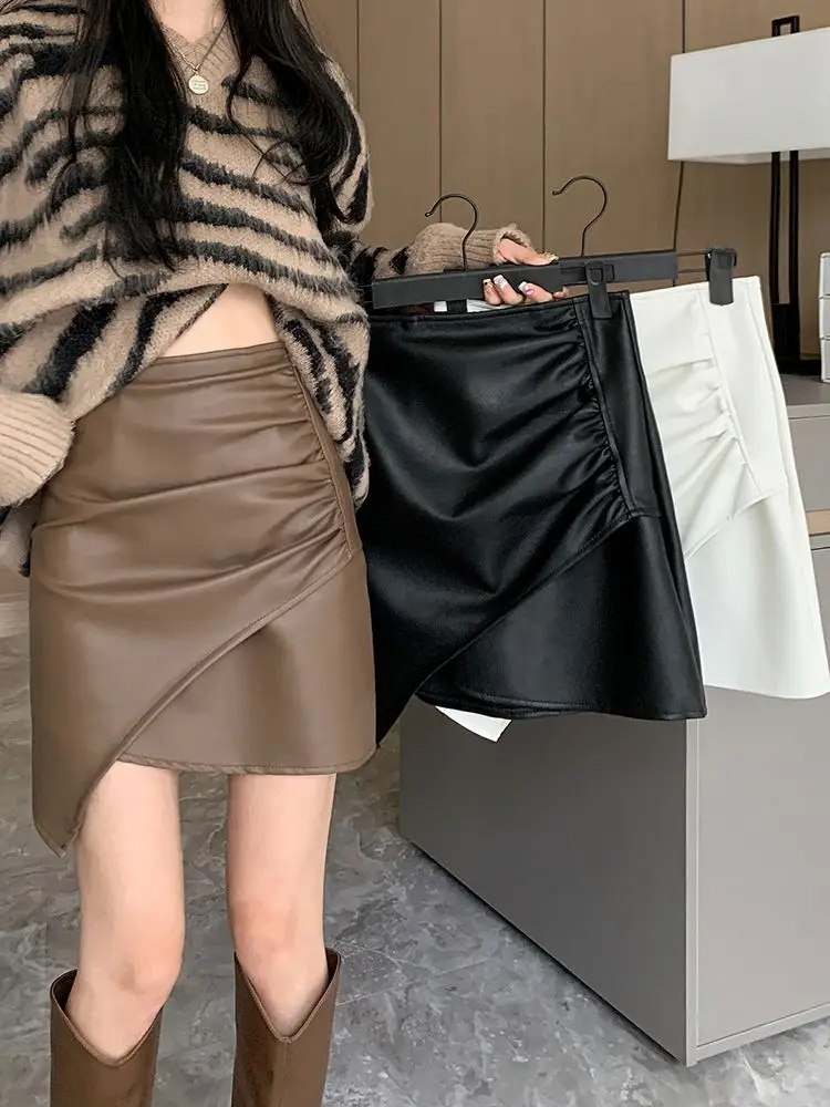 Irregular Pu Leather Skirt Skort Women Autumn and Winter New High-waisted A-word Hip-wrapped Short Skirt