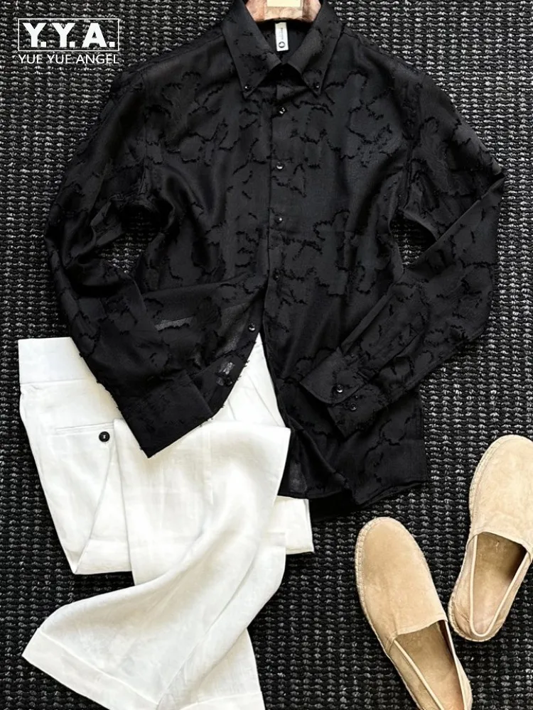 

Leisure Male Turn Down Collar Long Sleeves Shirts Solid Color Single-Breasted Breathable Mens Embroidery Tops Office Men Shirt
