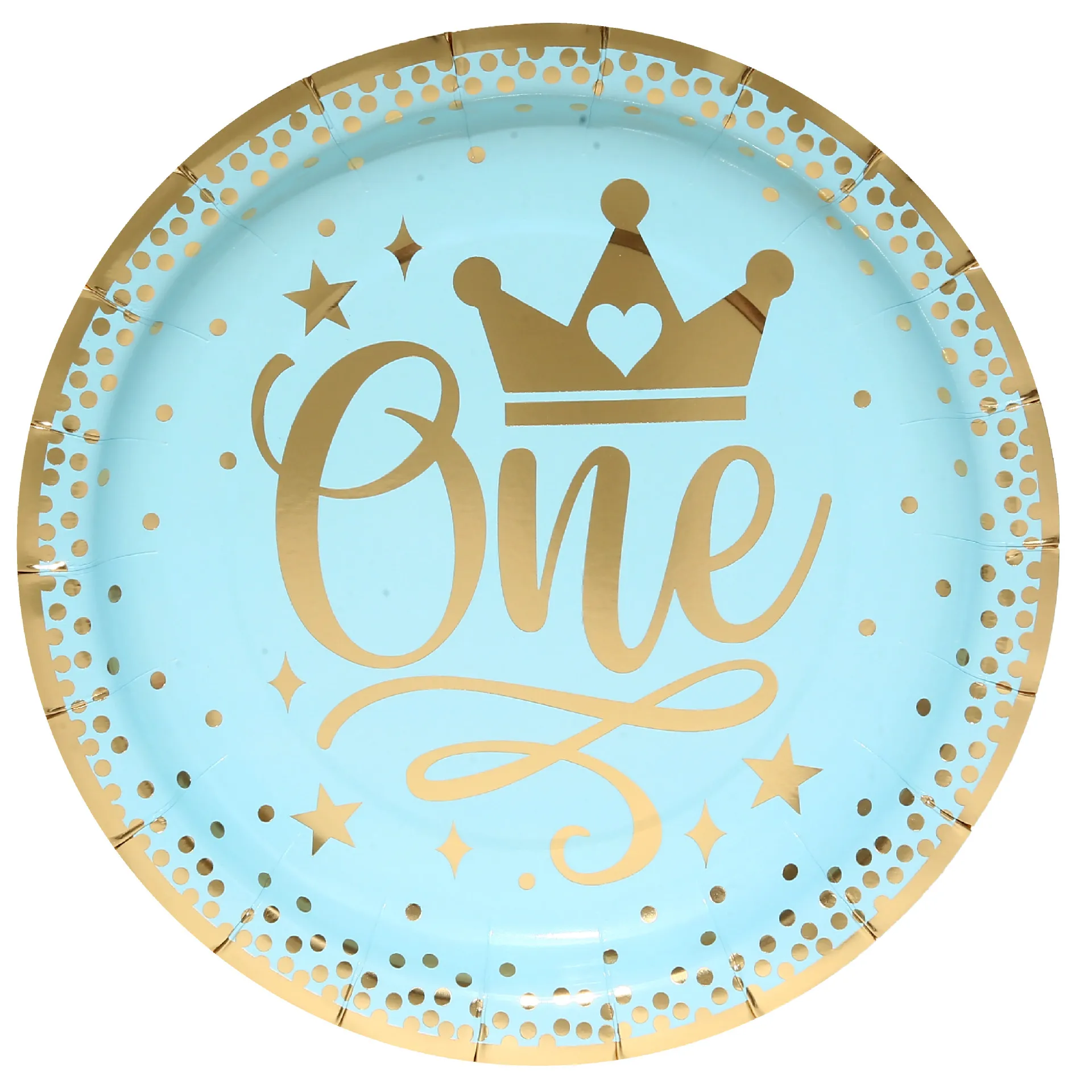 8Guests Blue One Birthday Tableware Stamping Crown One Paper Plate Napkin Cup 1st Baby Boy King First Happy Birthday Party Decor