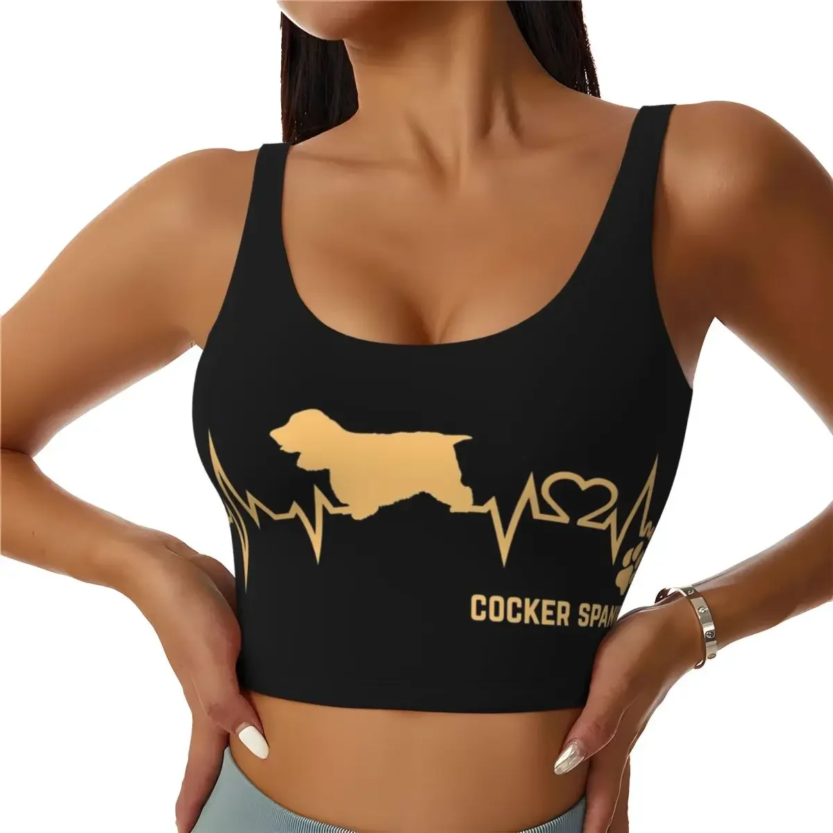 Custom Cocker Spaniel Dog Lover Heartbeat ECG Pulse Pet Breed Paw Women Sports Bra High Impact Vest Workout Yoga Crop Tank Tops