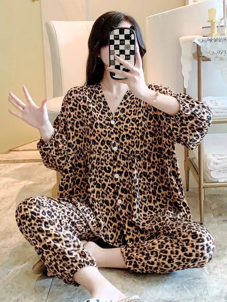 Spring Autumn Womens Leopard Print Pajama Sets