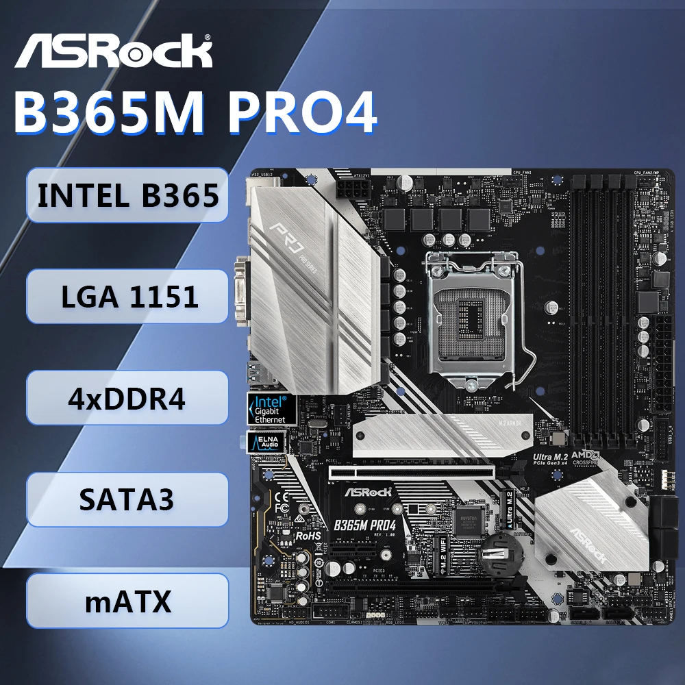 ASRock B365M PRO4 Motherboard mATX Intel B365 LGA1151 DDR4 64GB SATA3 M.2 HDMI DVI-D VGA for 8/9th Gen Intel Core Processors