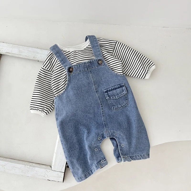 2024 Autumn  Baby Girls Boys Infant Casual Suspender Jeans Pant and Stripe T-shirts