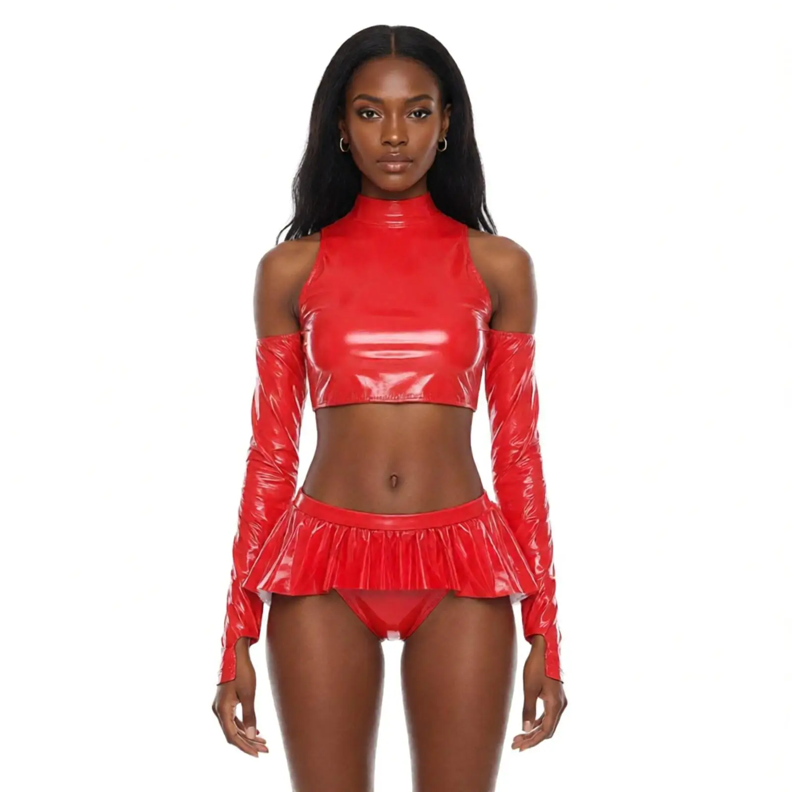 Women Glossy PU Leather Dress Sets Cold Shoulder Sleeve Hollow Out Back Crop Top And Tong Ruffled Hem Skirt Pole Dance Clubwear