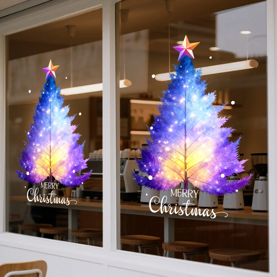 1개 45cm * 60cm 크리스마스 창문 스티커, 정전기 유리 스티커, 크리스마스 트리, 별, 메리 크리스마스 인사말 및 기타 요소 패턴 포함, 가정 창문, 침실, 학교, 레스토랑, 사무실 및 기타 휴일 파티 용품 장식에 적합, 접착 필름 한 장