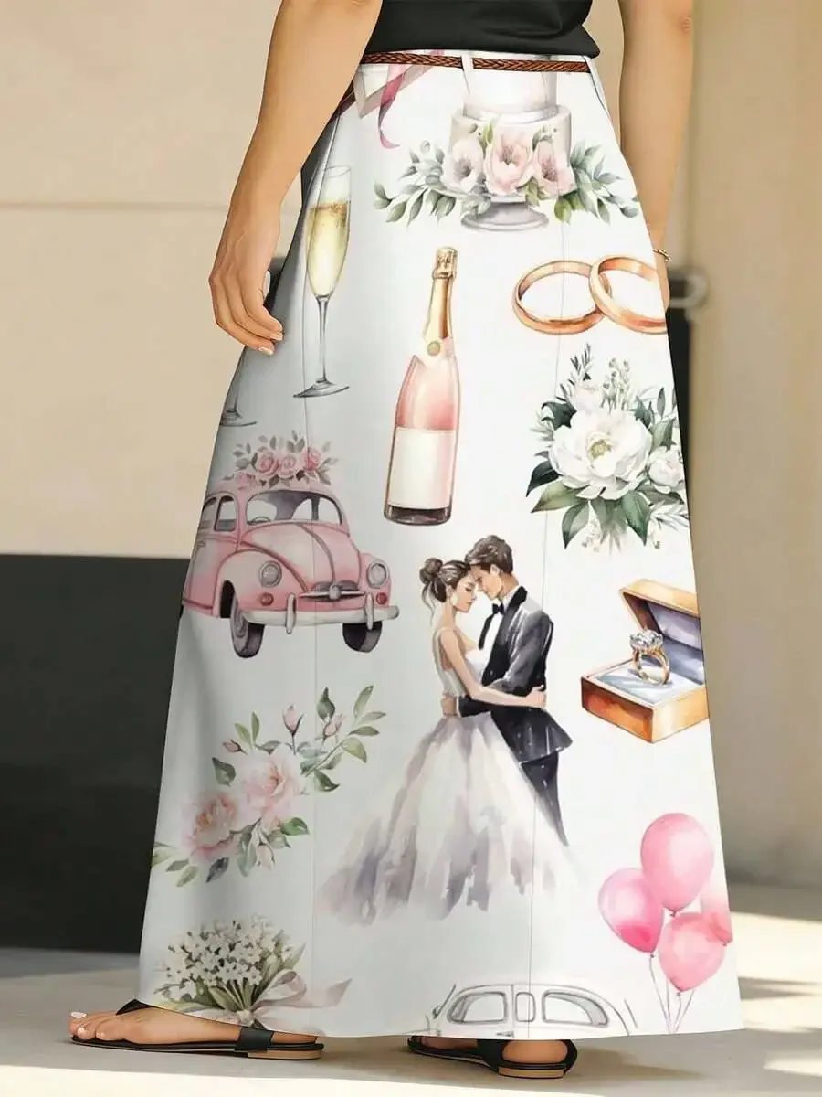 

Women Elegant Printed Midi Skirt With Wedding Couple Champagne Car Rings Bouquet Design For Party Events