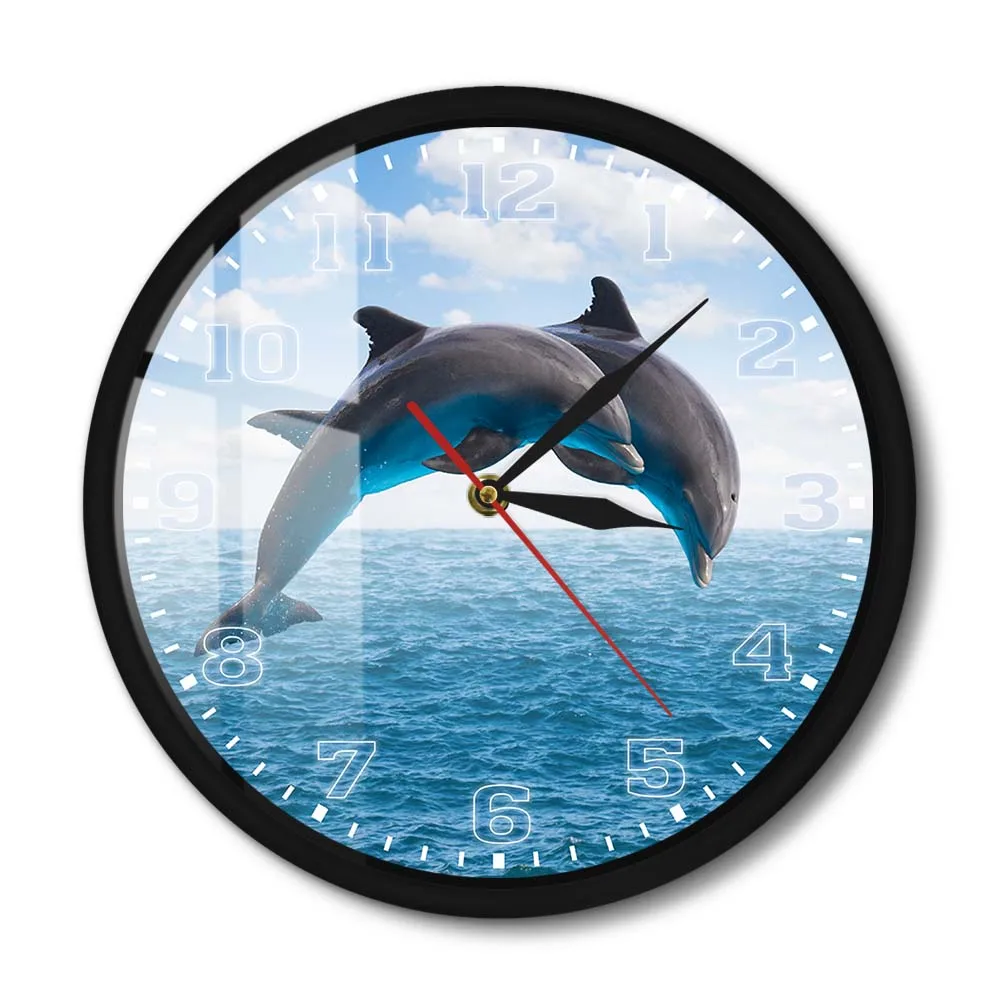 Two Jumping Dolphins Seascape Metal frame Wall Clock Deep Ocean With Porpoise Silent Wall Watch Wall Art For Living Room Bedroom