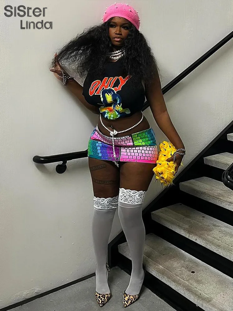 

Original Design Keyboard Pattern Printed Short Skirt Set Black Men's Pattern Printing T-shirt Paired With Colorful Mini Skirt