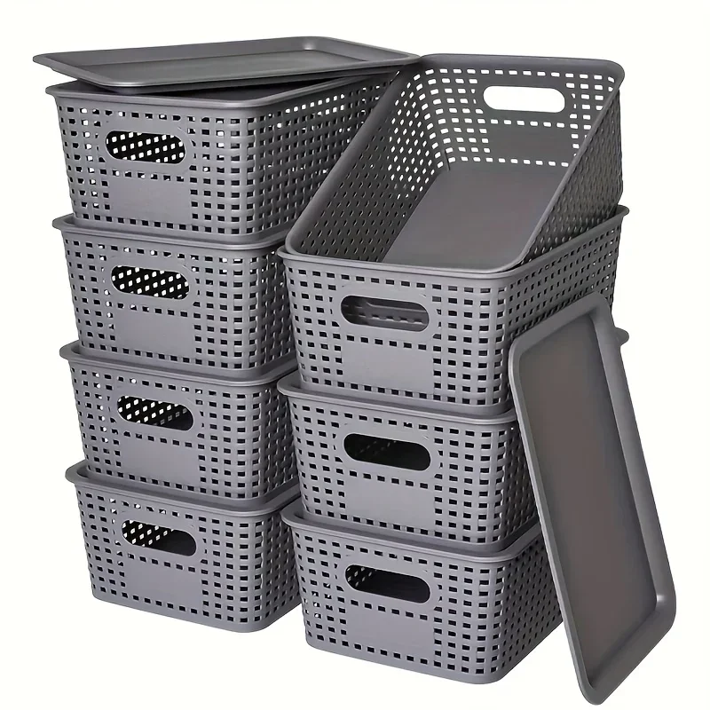 Modern Plastic Storage Baskets with Lid  Stacking, Multi-Purpose for Office Desk Bedroom Classroom Organization ContainerFoldable Fabric Storage Box Factory Bulk Wholesale Affordable Closet Organizer Bin, Home Bedroom Clothes Storage Container