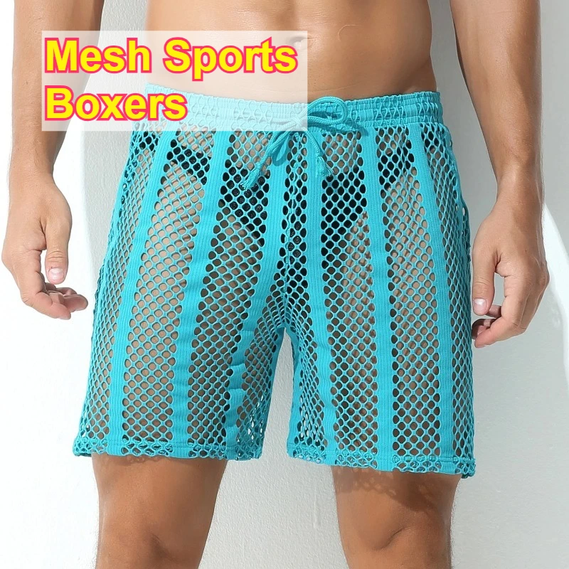 Men Fashion Mesh Sports Boxers Outodoor SportBreathable Lace Up See Through Shorts Elastic For Gym Fitness Workout Daily Wear