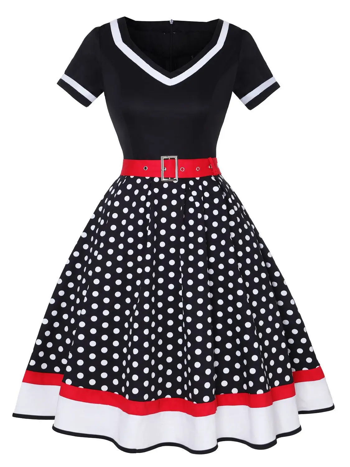 فستان أسود عتيق بأكمام قصيرة ورقبة على شكل حرف v مع حزام للنساء 50s فستان صيفي للحفلات منقط أزياء الهالوين