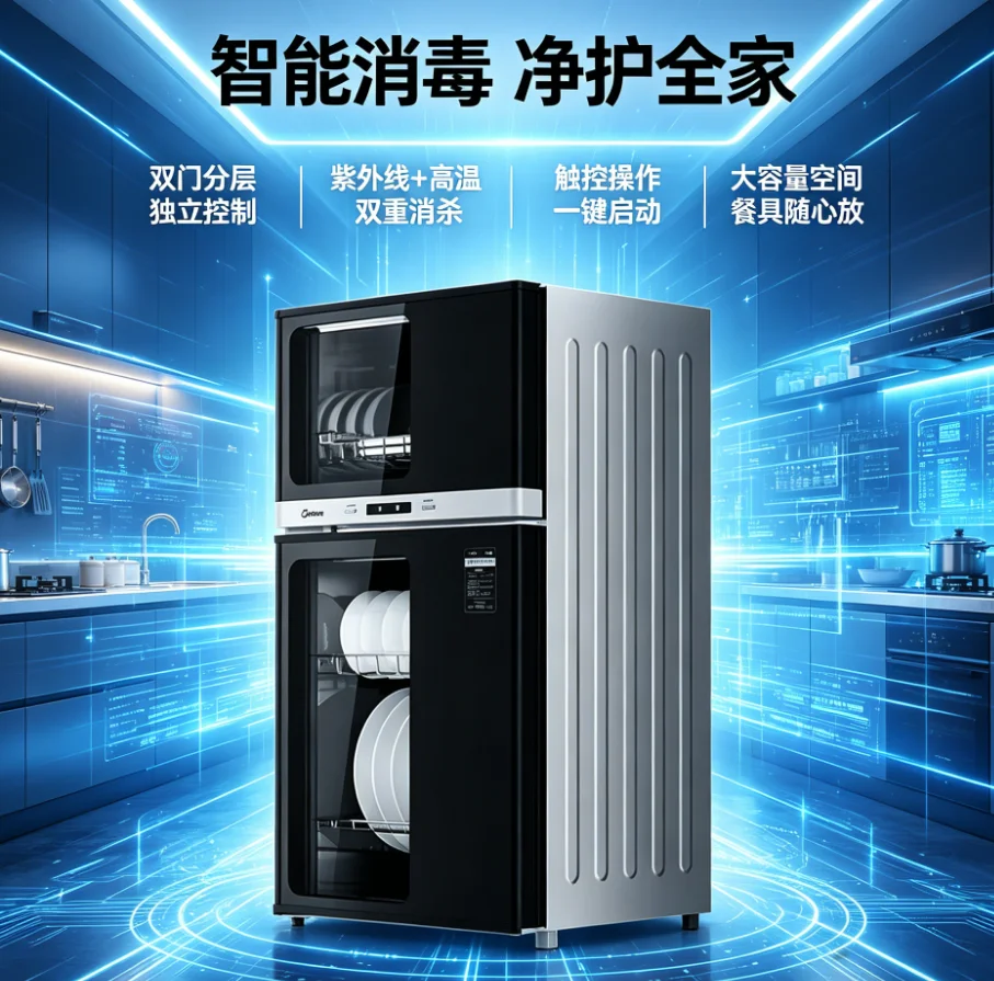 

220V Midea 77L Vertical Dish Sterilizer Cabinet, 2-Tier Independent Control, 125°C High-Temp Drying & Sterilization LYH