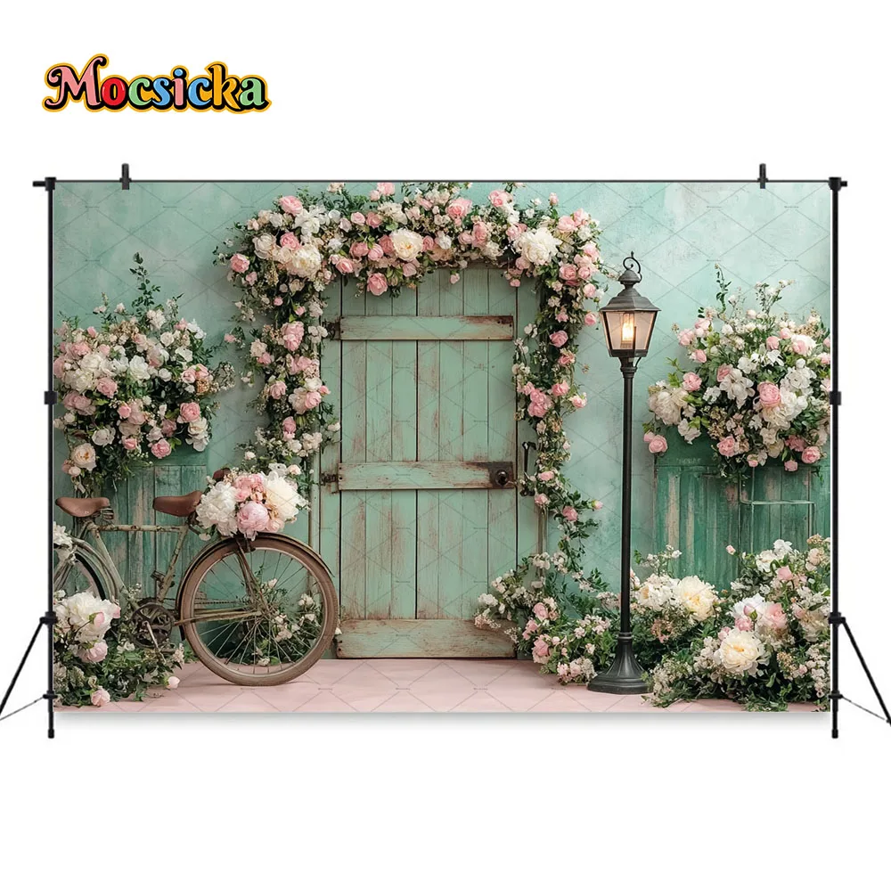 Spring Flower Garden Background Photography Green Wooden Door Bicycle Lantern Backdrop Decor Girl Adult Birthday Photo Studio