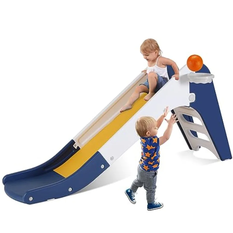 

Toddler Slide Baby Indoor Foldable Slide with Basketball Hoop Ball 63 Extra Long Slope Non-Slip Steps Sturdy Plastic Outdoor Cl