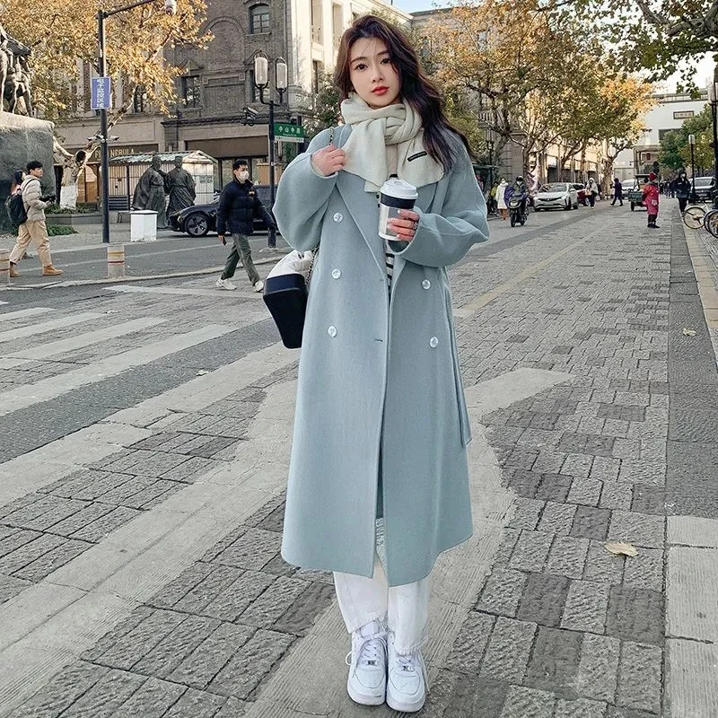 Korean Style Pregnant Woman Woolen Coats Office Lady Elegant Long Sleeve Turn-down Collar Coat Maternity Outerwear X-long Jacket