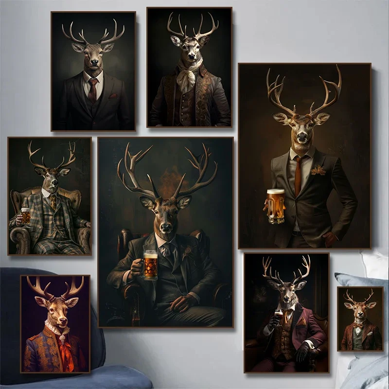 Royal Renaissance Animals Deer Elk Drink Beer Canvas Paintings Posters Prints Wall Vintage Art Living Room Home Decor