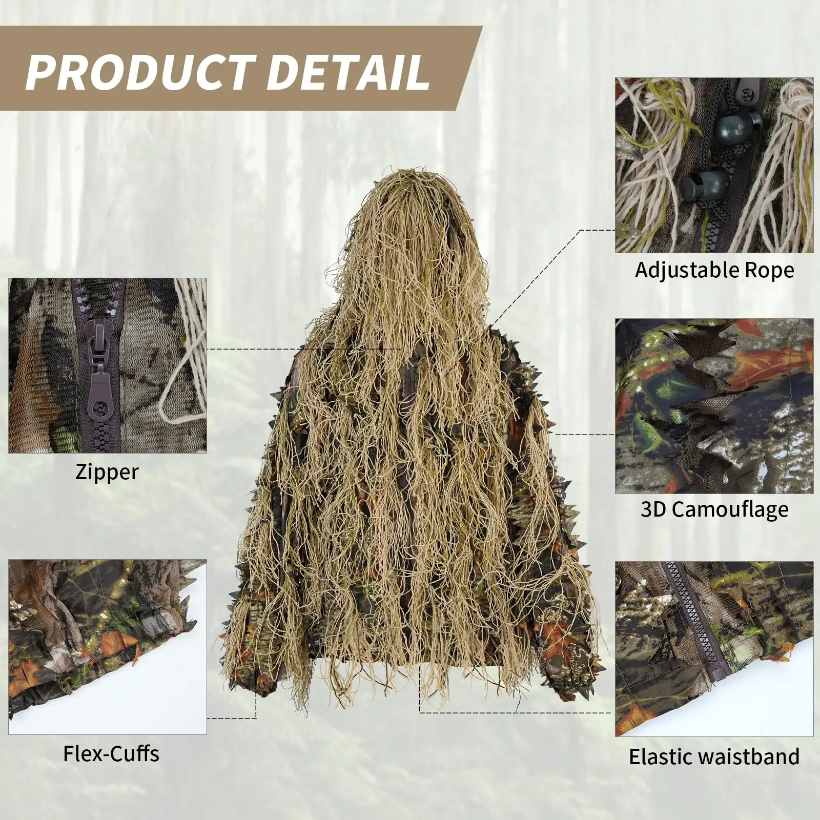 JOAXOR Ghillie Suit Gilly Hunting Suits Pants 3D Leaf Camo Camouflage Coveralls Youth Adult Lightweight Clothes