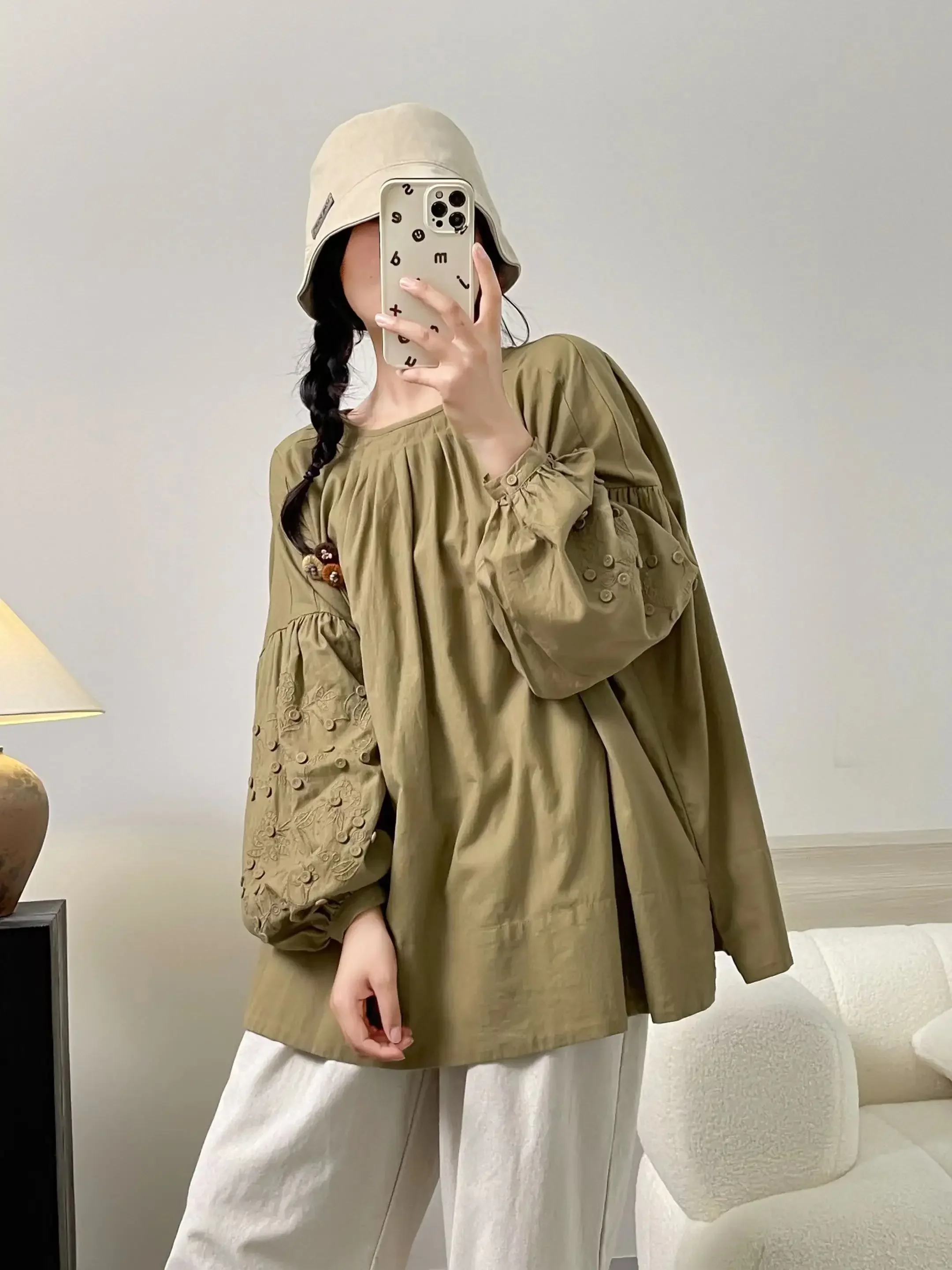 Japan Style Mori Girl Embroidery O-Neck Long Sleeve Shirt Loose Casual Cotton Blouse Women