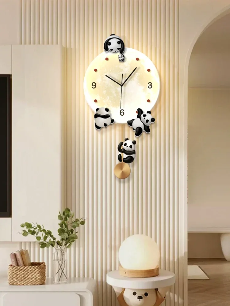 Living room panda wall clock 2024 new high-end restaurant swing creative clock wall lamp home silent clock wall hanging