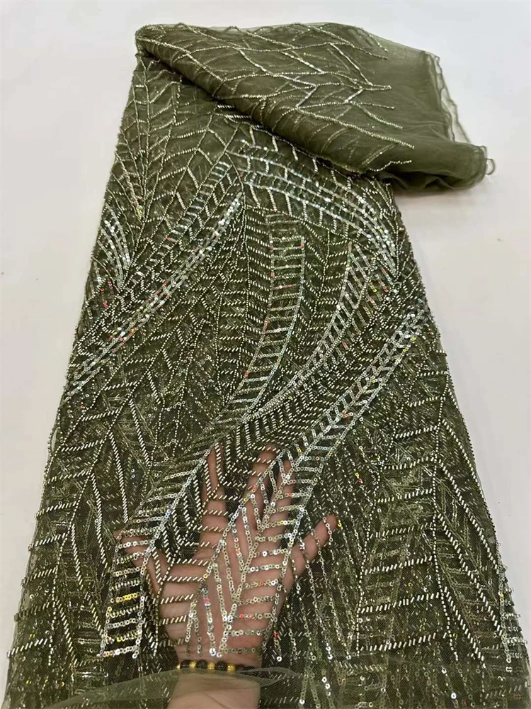 

Latest Brown French Sequined Bead Lace Fabric Embroidery 5 Yards African Lace Fabric 2024 High Quality For Party Dress Rf