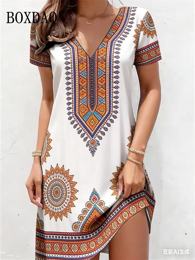 2026 Sommerkleider für Damen mit 3D-Blumendruck, Kurzarm-Kleid, Lässige Vintage-Damenbekleidung, Lockerer Pullover, Damenkleider