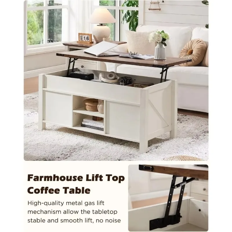 D1448" Lift Top Coffee Table With Sliding Barn Door, Antique White - Lifting Tabletop, Hidden Storage, Cubby, Adjustable Shelves