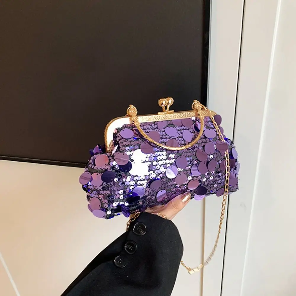 Elegant Shiny Evening Banquet Bag Lock Buckle Glitter Chain Crossbody Bag Single Shoulder with Round Handle Shell Bag Girl