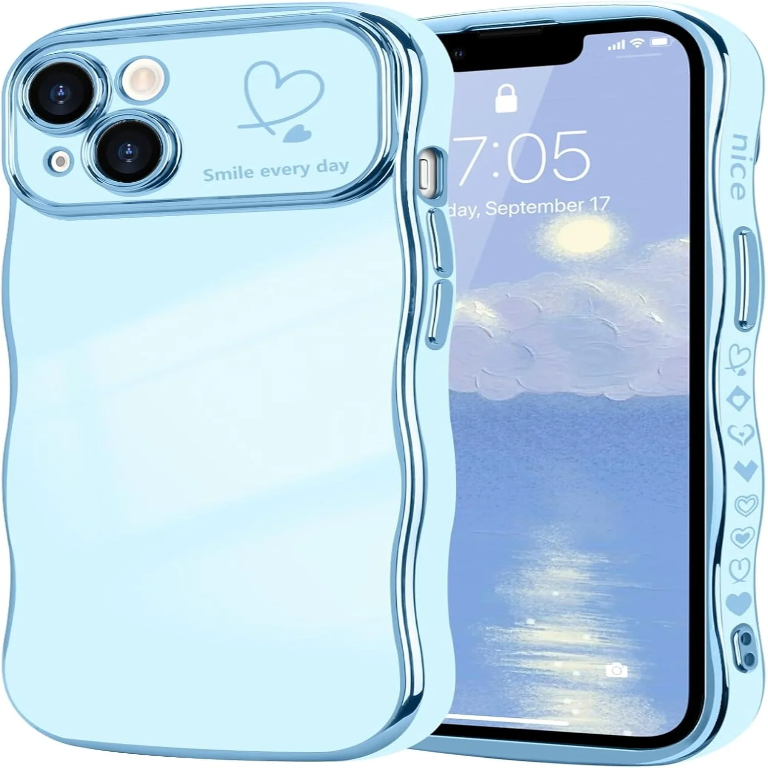 for  14  Max Case for Women Girls, Cute Wave Frame Curly Shape with Love Heart Raised Camera Protection Cover Luxury Plating Sho