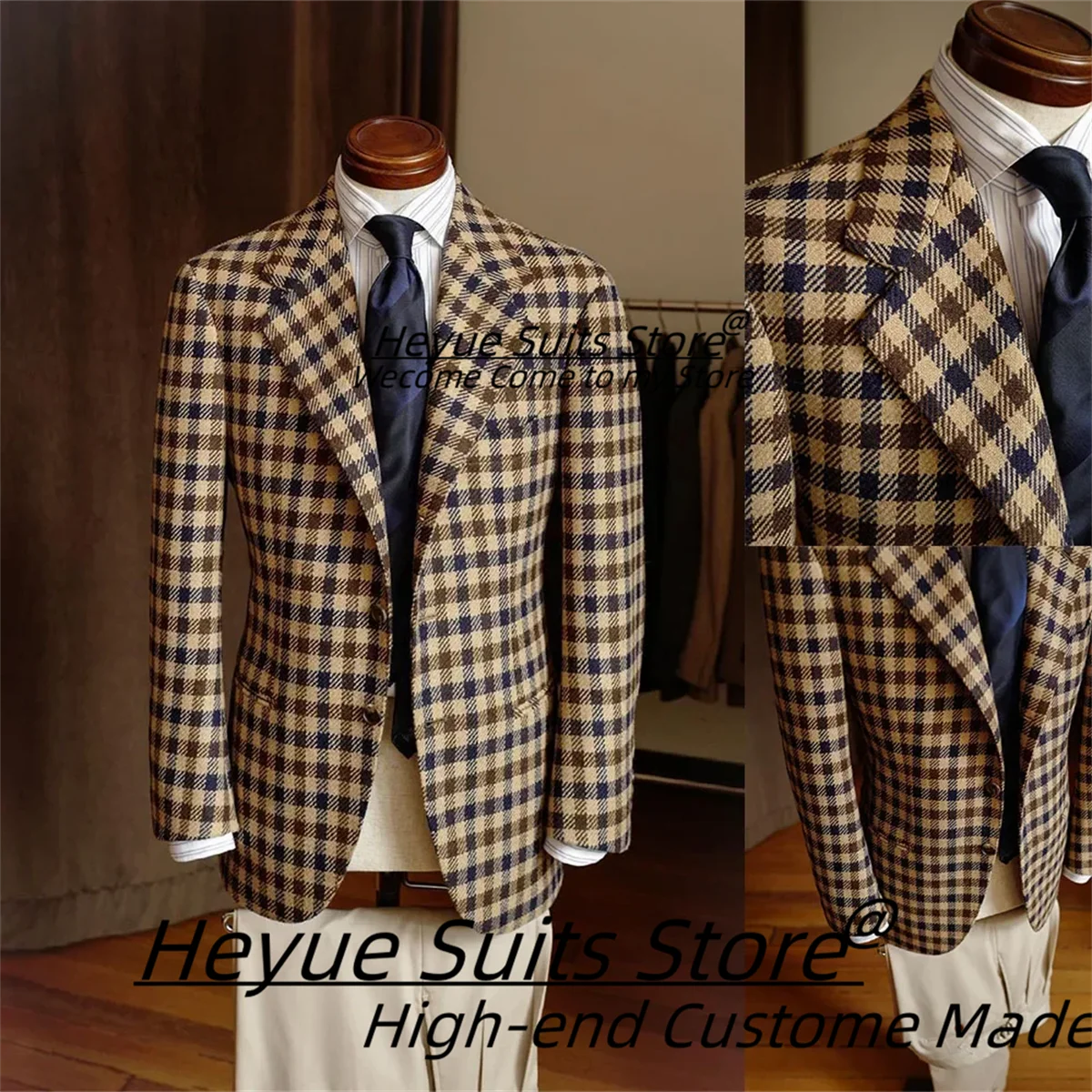 

Customized Size Elegant Plaid Men Suits Notched Lapel Groom Formal Tuxedos 2 Pcs Sets Classic Male Blazers Slim Fir Ropa Hombre