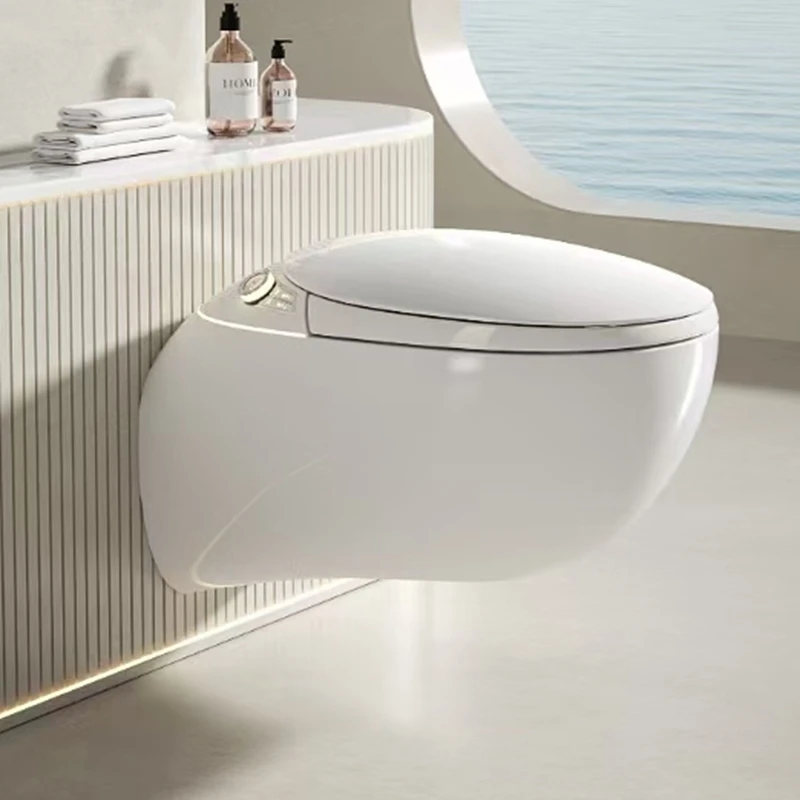 リモコン付き先進スマート壁掛けトイレ、細長いボウル形状、Pトラップ排水、温水洗浄便座