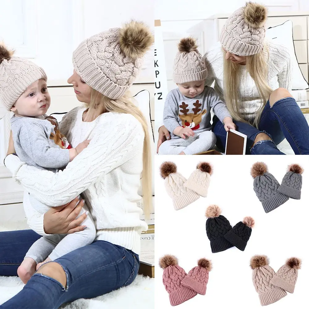 

Child Kids Baby Crochet Warm Winter Bobble Hat Fur Pom Knit Beanies Ski Cap