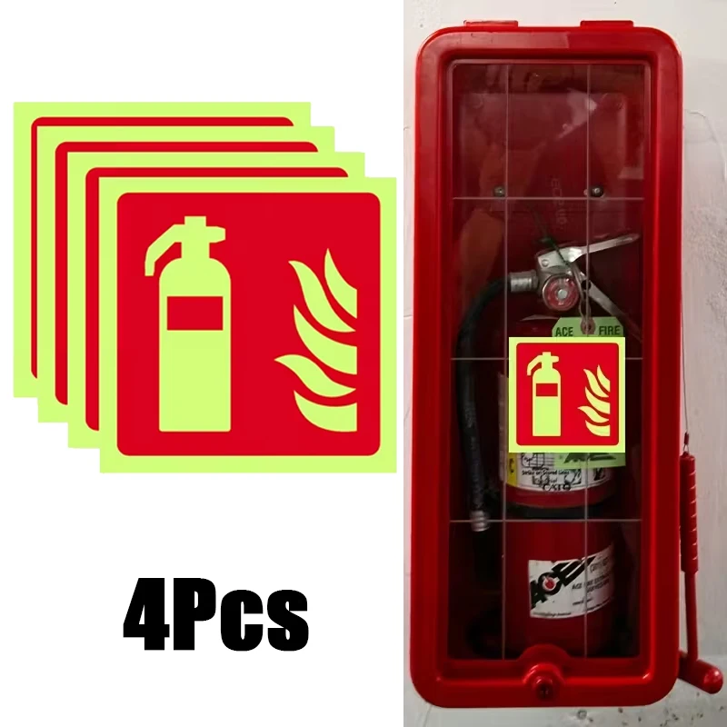 4Pcs Fire Extinguishers Signs Safety Sign Sticker Glow In Dark Durable Adhesive Waterproof Protected Label Luminous Night
