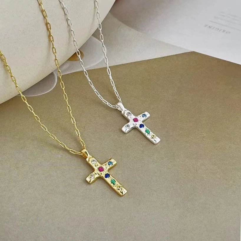 Summer Korean version S925 full body sterling silver necklace for women with a niche design sense inlaid with colorful diamond c