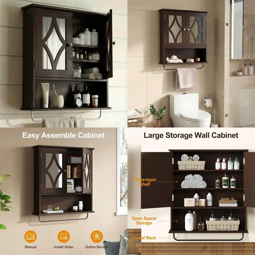 

Навесной шкафчик для медикаментов с местом для хранения над унитазом, вешалкой для полотенец и регулируемой полкой, 22x25 дюймов, коричневый