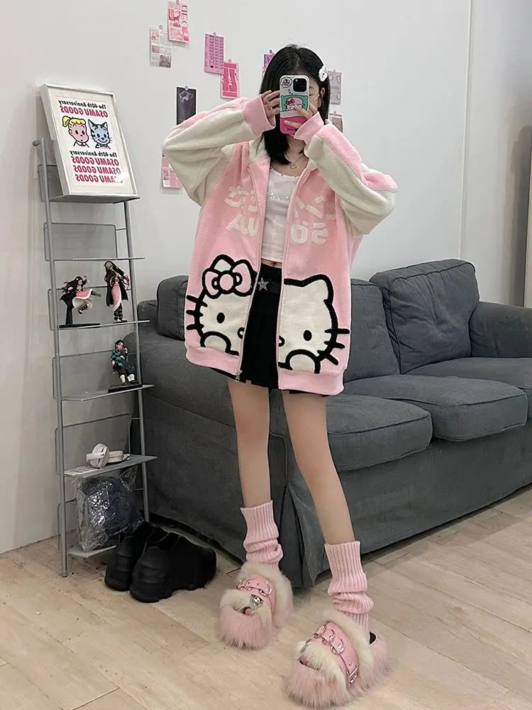 Baru Y2k Sanrio Hello Kitty Kawaii mantel kardigan wanita musim gugur musim dingin menebal Hoodie Preppy lucu kartun Sweatshirt pakaian anak perempuan