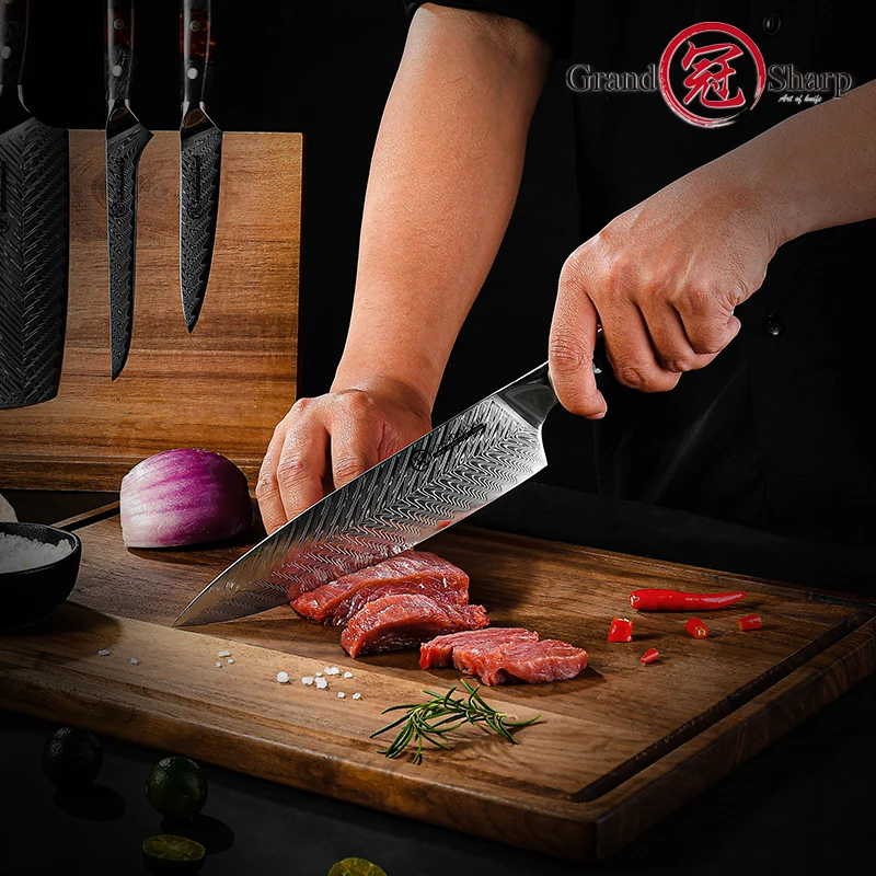 8 Inch Damascus Chef Knife AUS-10 Japanese Stainless Steel Kitchen Knife Meat Slicing Fish Vegetables Chopping Knives GRANDSHARP