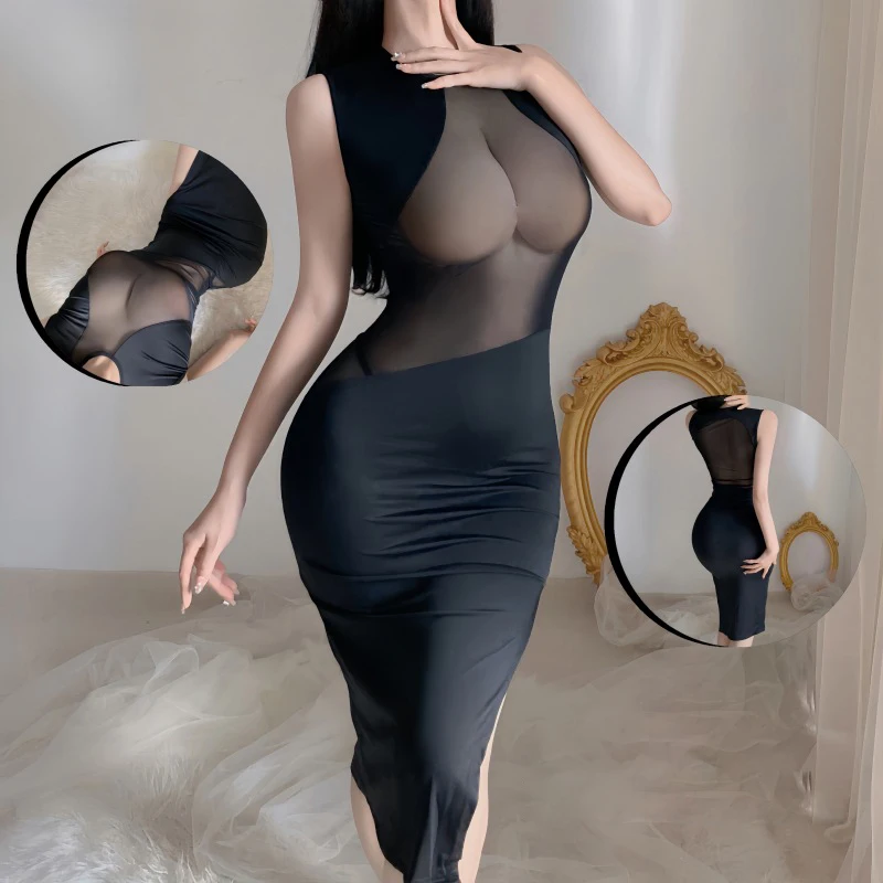 โปร่งใสเซ็กซี่ยาวเย้ายวนชุดเร้าอารมณ์ชุดชั้นในผู้หญิงรอบคอร้อนภรรยาไนท์คลับชุดสีดําขายส่ง