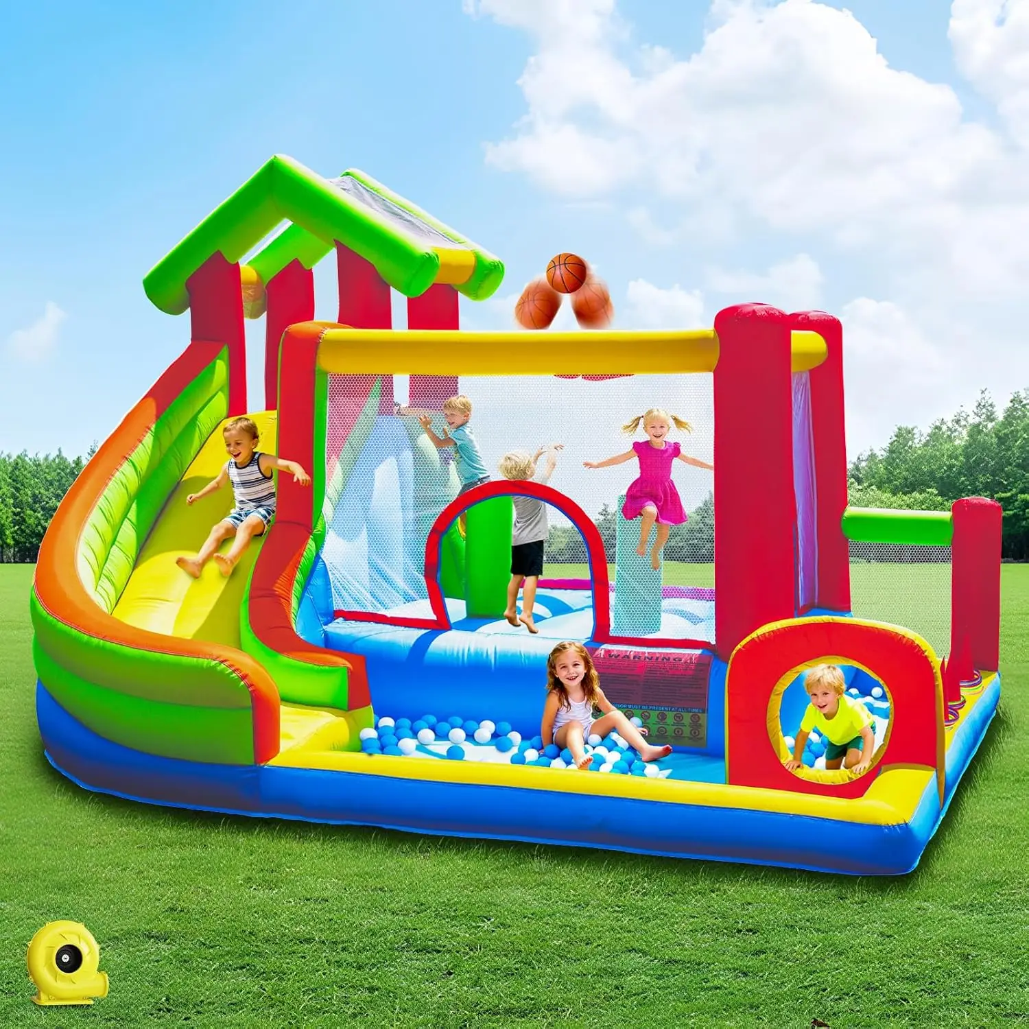 미끄럼틀이 있는 바운스 하우스 7-in-1 어린이용 인플레이터블 놀이터 3-10세 대형 점프 구역, 볼 풀, 상업용 블로워 포함